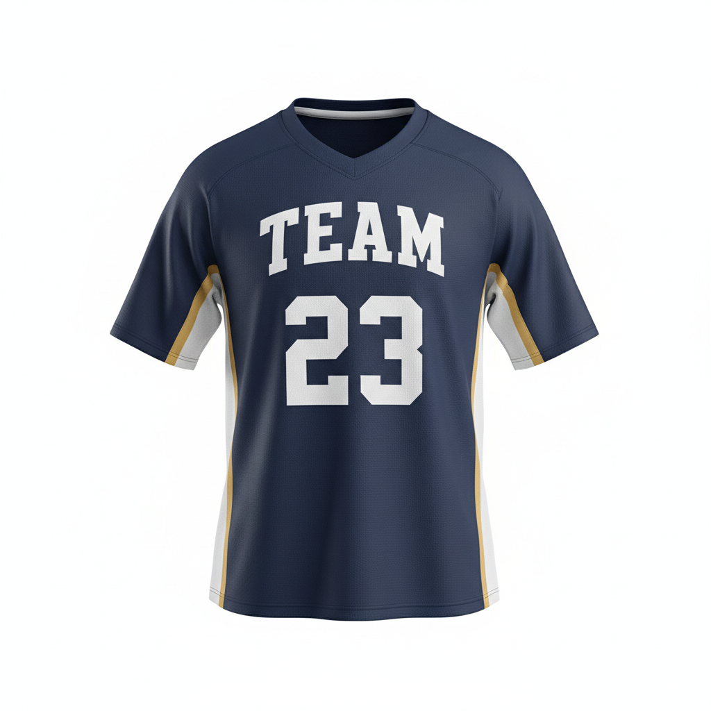 Front view of custom crew-neck lacrosse jersey in 180 GSM performance polyester with reinforced shoulder seams and a sublimated team design from Empire Five Athletics