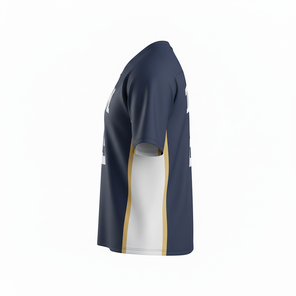 Side view of custom crew-neck lacrosse jersey showing the set-in sleeve and reinforced shoulder seam