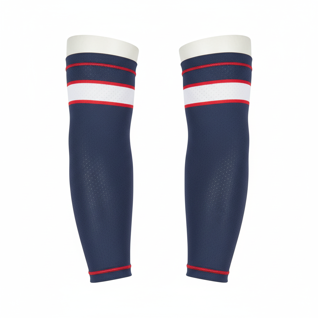 Front view of custom lacrosse arm sleeve in 4-way-stretch poly-spandex with UPF sun protection and sublimated team color from Empire Five Athletics