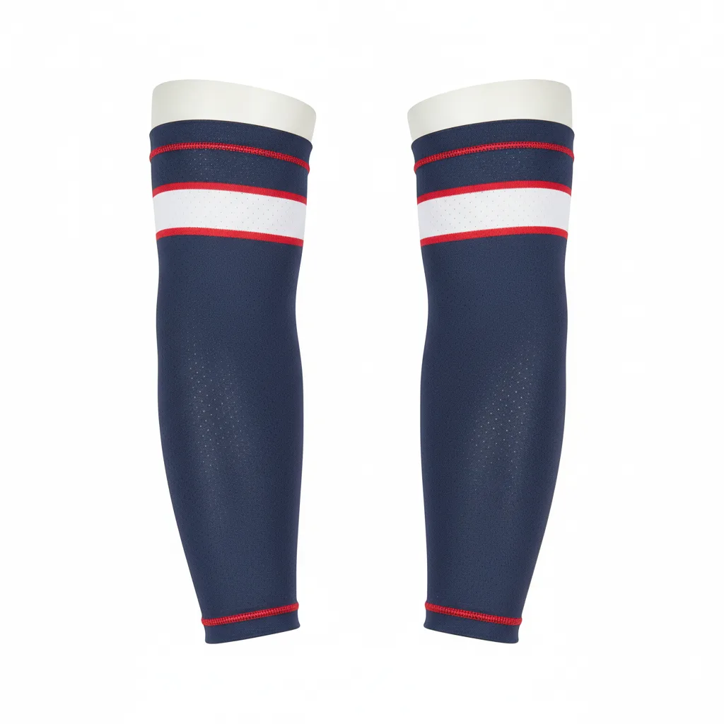 Front view of custom lacrosse arm sleeve in 4-way-stretch poly-spandex with UPF sun protection and sublimated team color from Empire Five Athletics