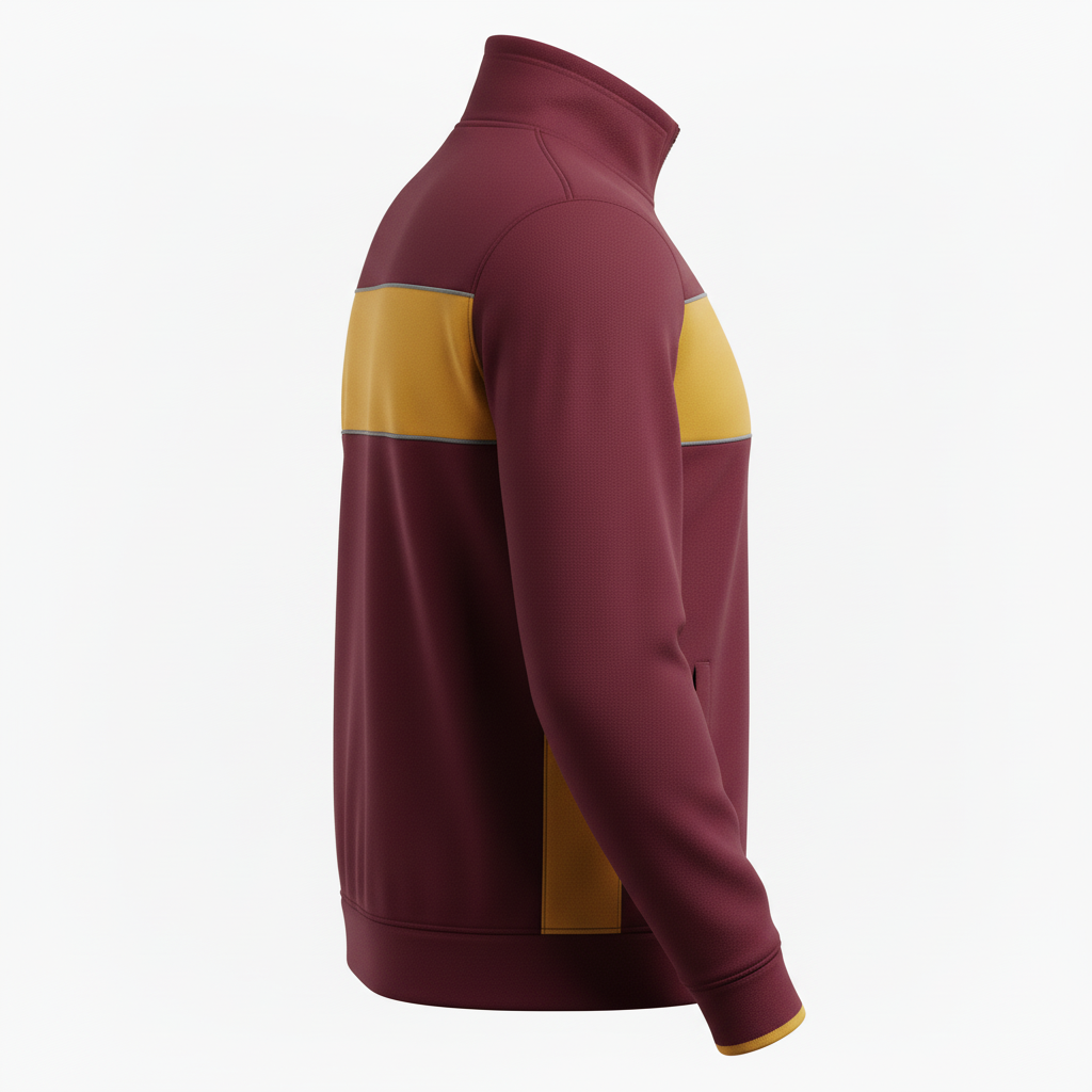 Side view of custom lacrosse fleece jacket showing the zip pocket and stand collar