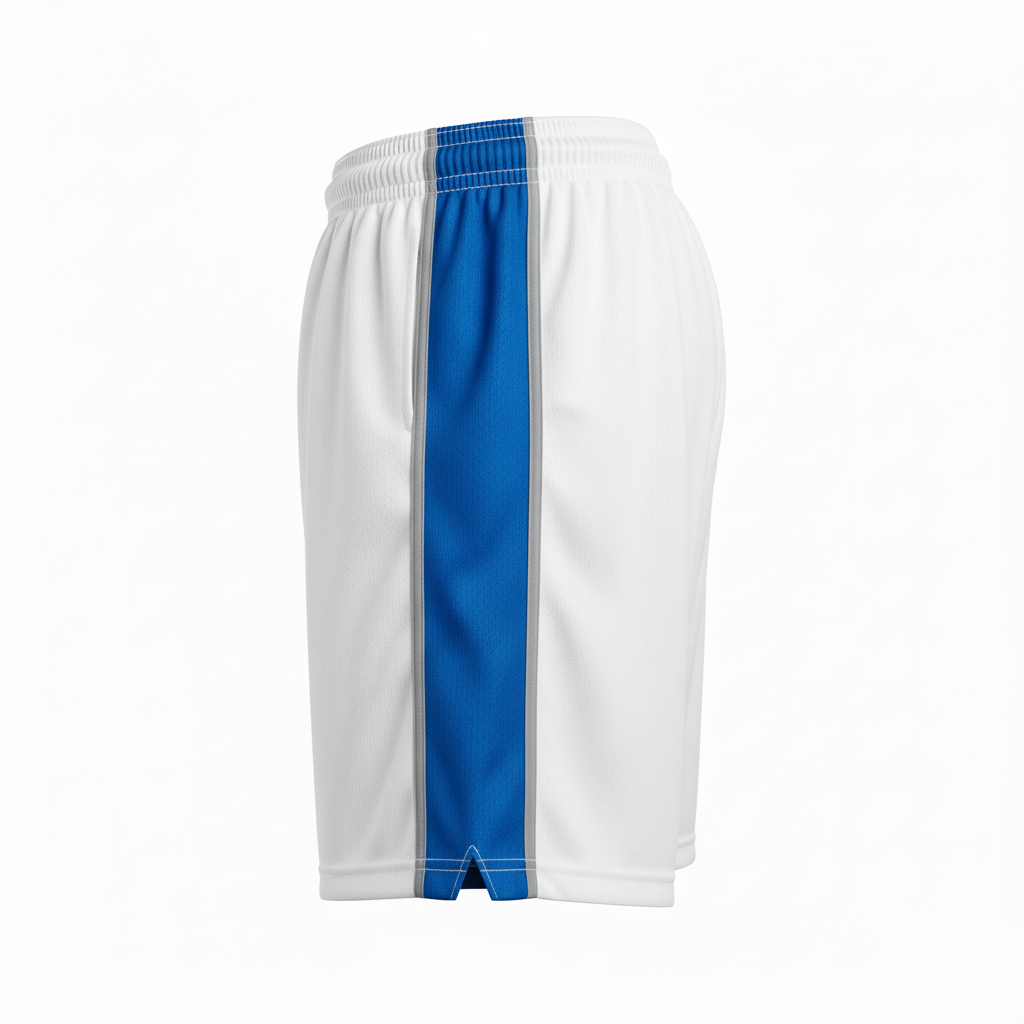 Side view of custom lacrosse game shorts showing the ~9-inch inseam and sublimated side stripe