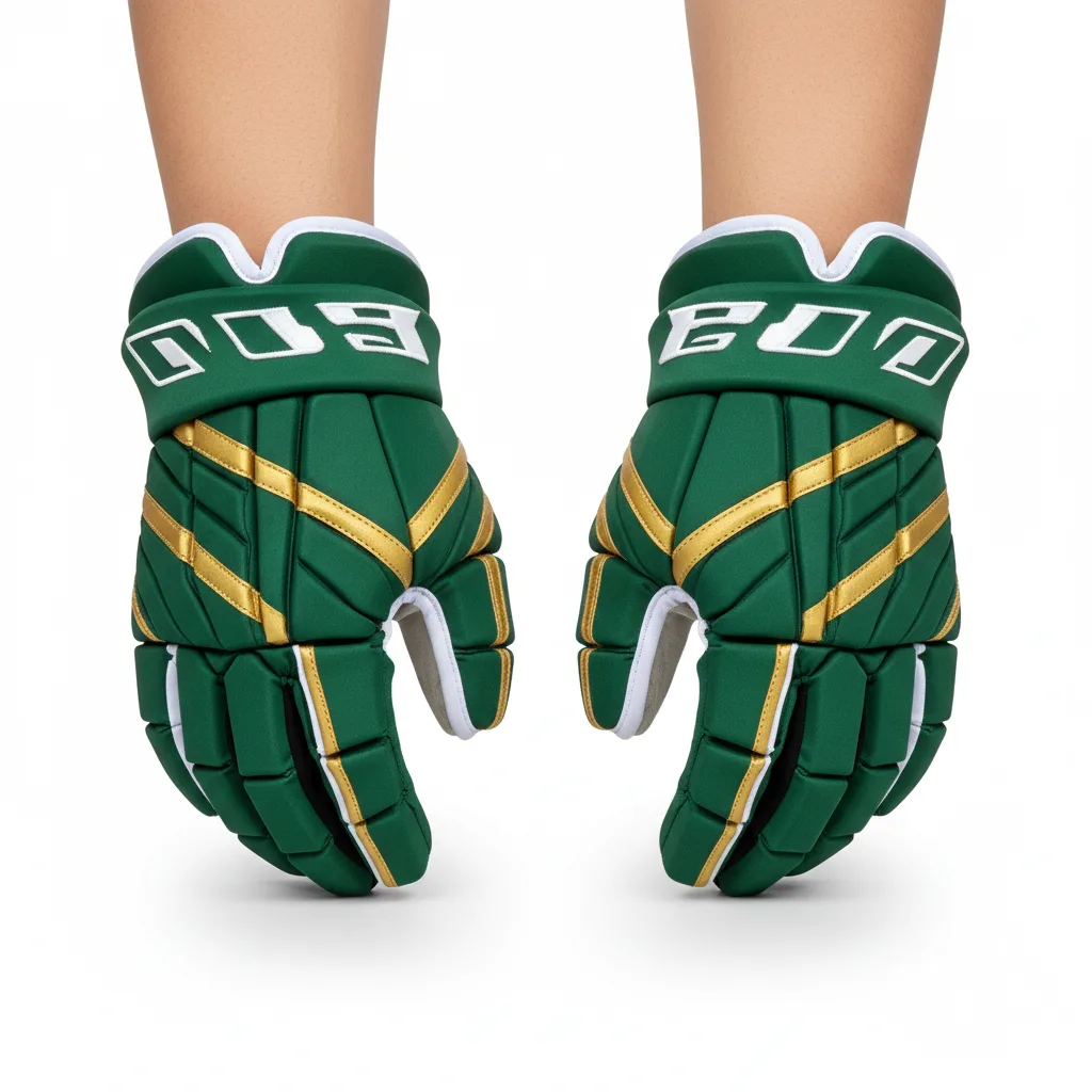 Front view of custom lacrosse gloves with a standard protective build in a custom team colorway and embroidered cuff logo from Empire Five Athletics