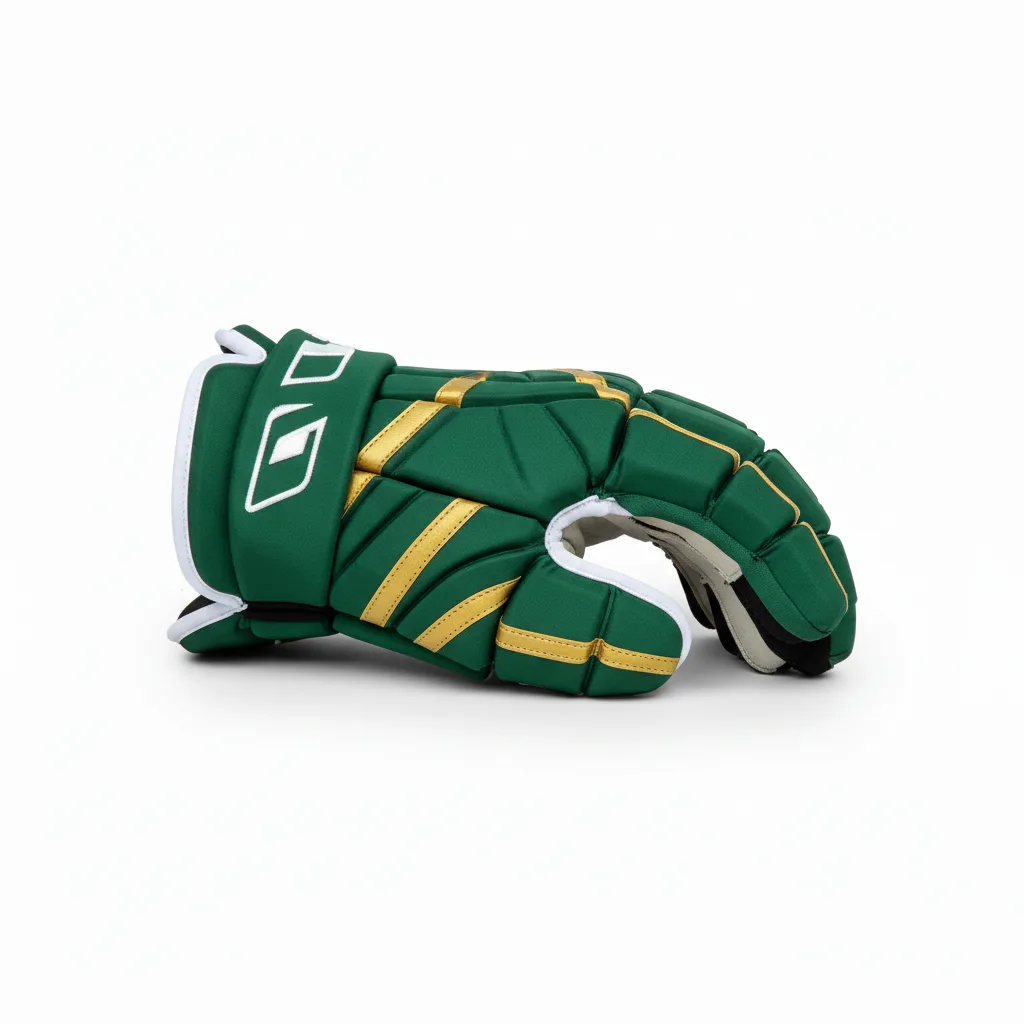 Side view of custom lacrosse gloves showing the reinforced palm and adjustable cuff