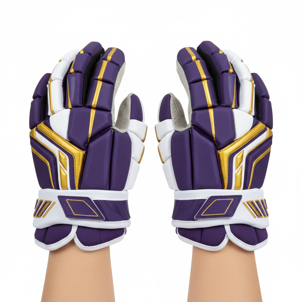 Front view of custom youth lacrosse gloves with a standard protective build in a custom team colorway and embroidered cuff logo from Empire Five Athletics