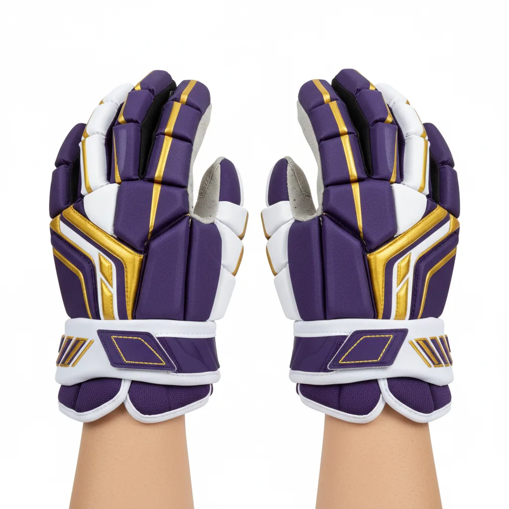 Front view of custom youth lacrosse gloves with a standard protective build in a custom team colorway and embroidered cuff logo from Empire Five Athletics