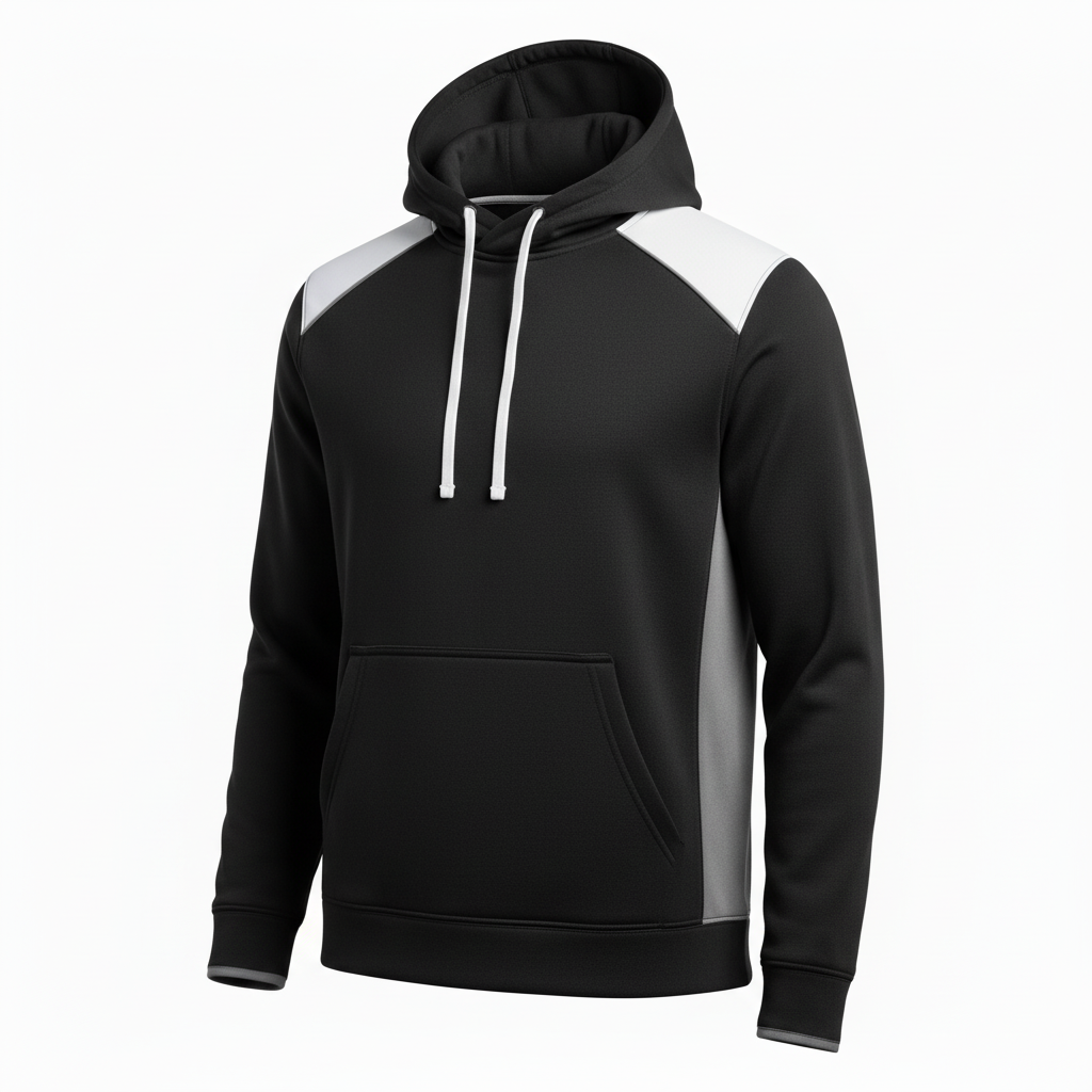 Front view of custom lacrosse hooded sweatshirt in 320 GSM cotton-poly fleece with a lined hood and embroidered team logo from Empire Five Athletics