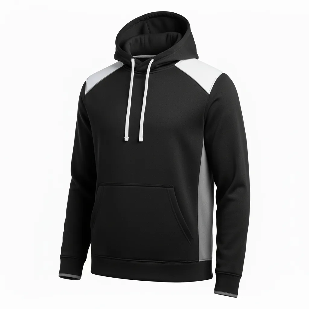 Front view of custom lacrosse hooded sweatshirt in 320 GSM cotton-poly fleece with a lined hood and embroidered team logo from Empire Five Athletics