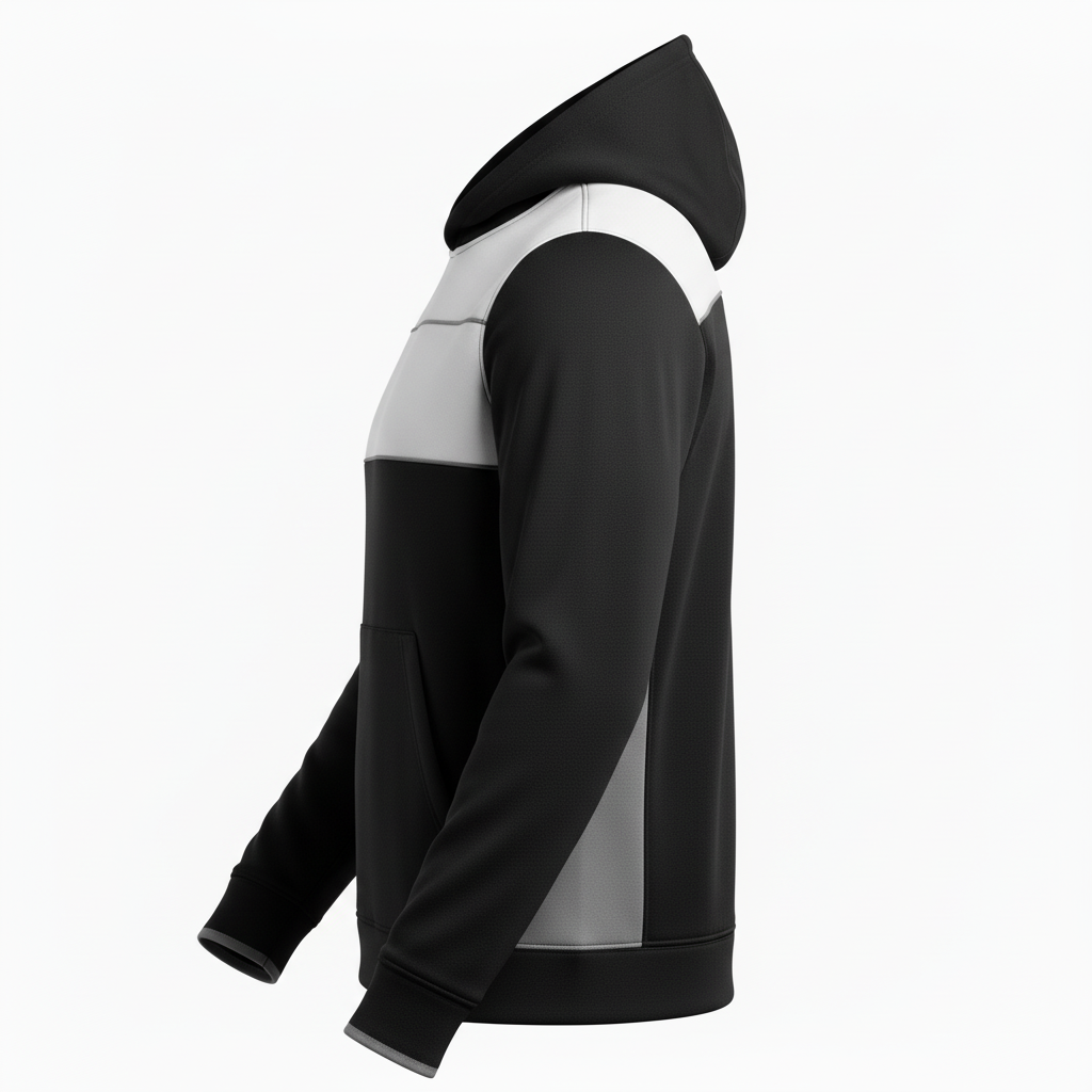 Side view of custom lacrosse hooded sweatshirt showing the kangaroo pocket and ribbed cuff
