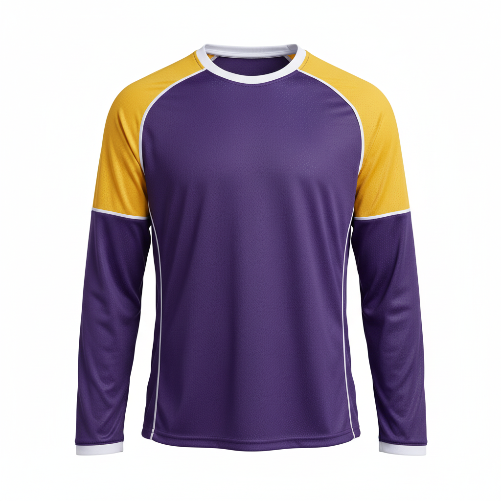 Front view of custom long-sleeve lacrosse shirt in 150 GSM performance polyester with a regular athletic fit and sublimated team colors from Empire Five Athletics