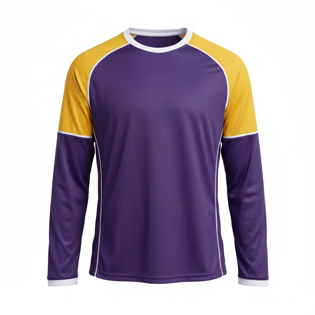 Front view of custom long-sleeve lacrosse shirt in 150 GSM performance polyester with a regular athletic fit and sublimated team colors from Empire Five Athletics