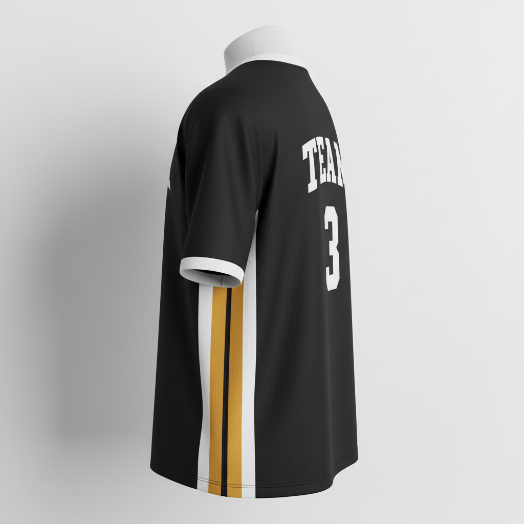 Side view of custom lacrosse mesh pinnie showing the open mesh weave and contrast armhole binding