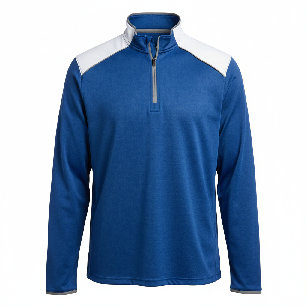 Front view of custom lacrosse quarter-zip pullover in 220 GSM performance poly with a stand collar and sublimated team colors from Empire Five Athletics