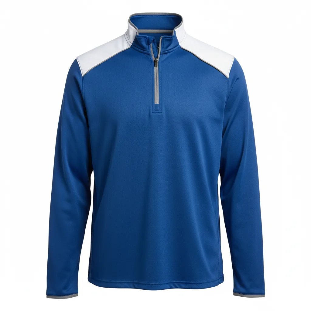 Front view of custom lacrosse quarter-zip pullover in 220 GSM performance poly with a stand collar and sublimated team colors from Empire Five Athletics