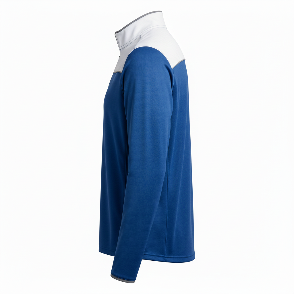 Side view of custom lacrosse quarter-zip pullover showing the quarter zip and regular fit