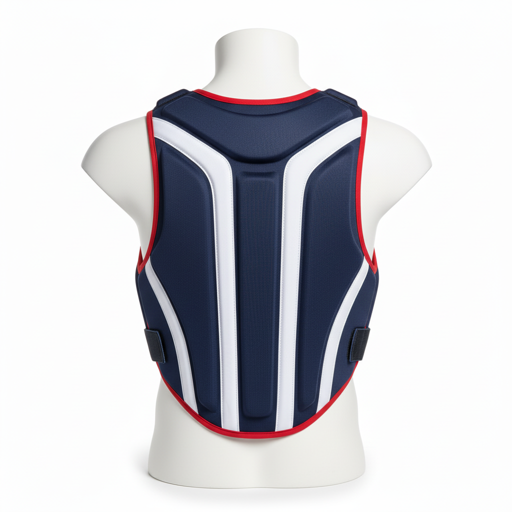 Back view of custom lacrosse rib pads showing the ventilated mesh back and adjustable straps