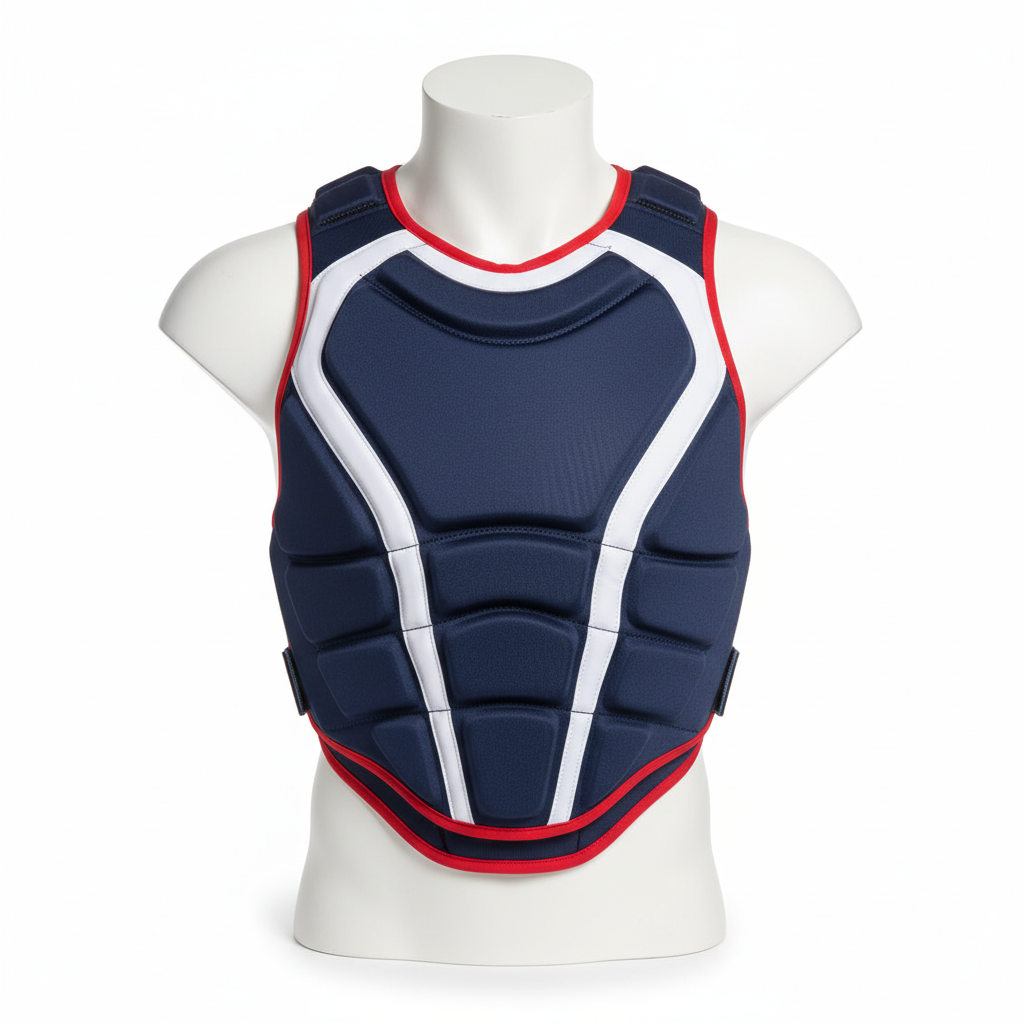 Front view of custom lacrosse rib pads with a standard protective foam shell in a custom team-color cover from Empire Five Athletics