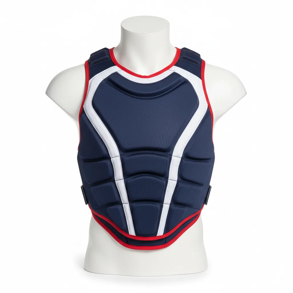 Front view of custom lacrosse rib pads with a standard protective foam shell in a custom team-color cover from Empire Five Athletics
