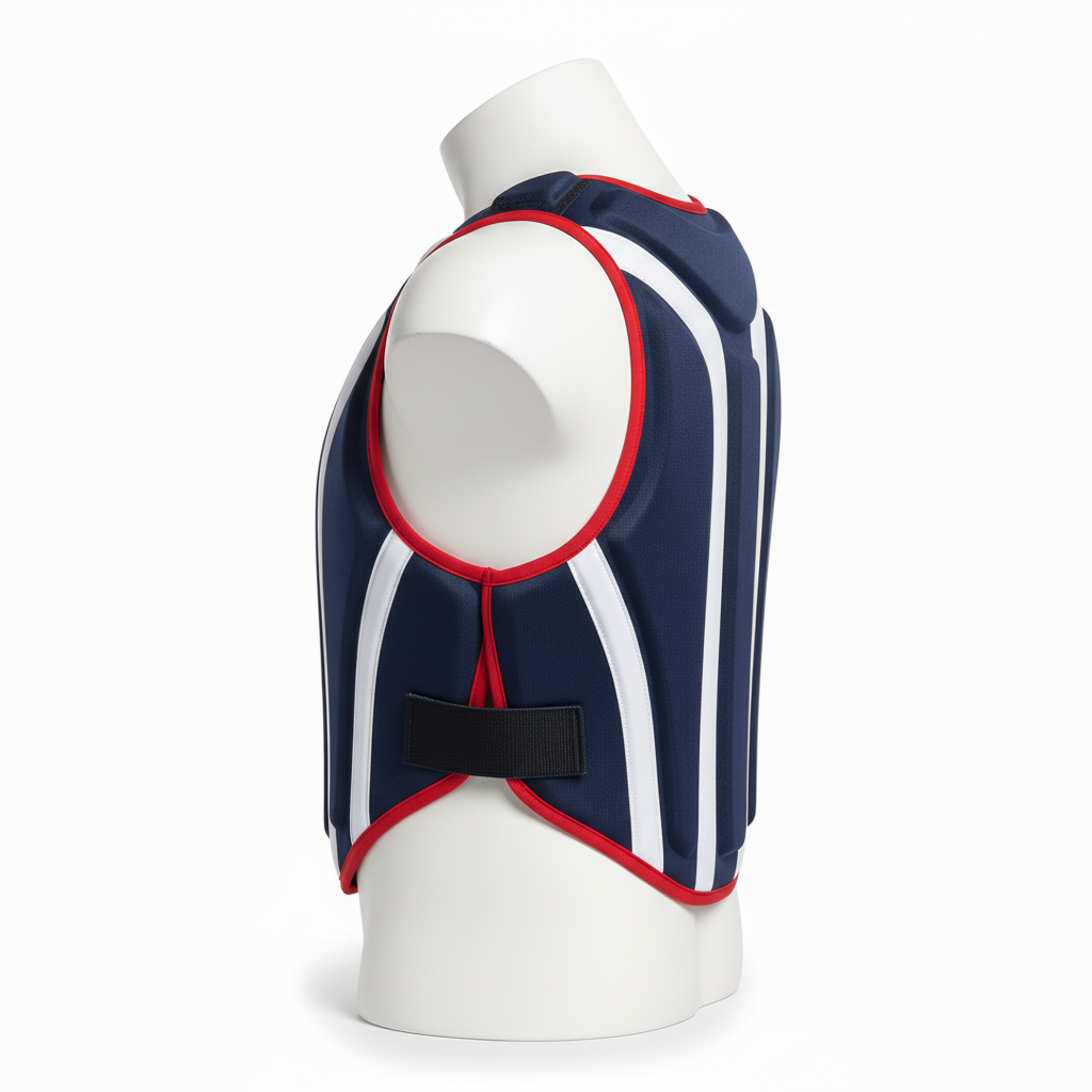 Side view of custom lacrosse rib pads showing the segmented foam shell and side strap