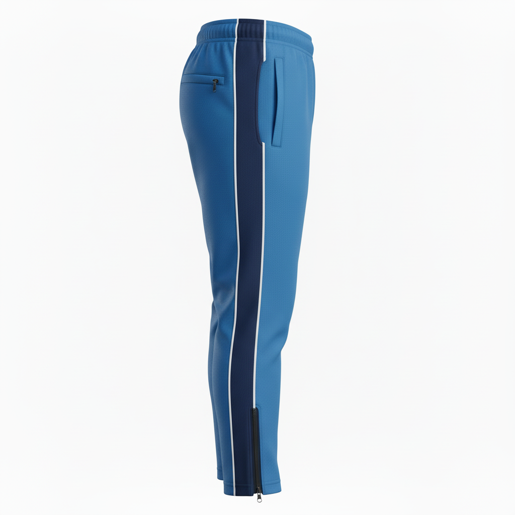 Side view of custom lacrosse training pants showing the zip ankle, pocket, and sublimated stripe