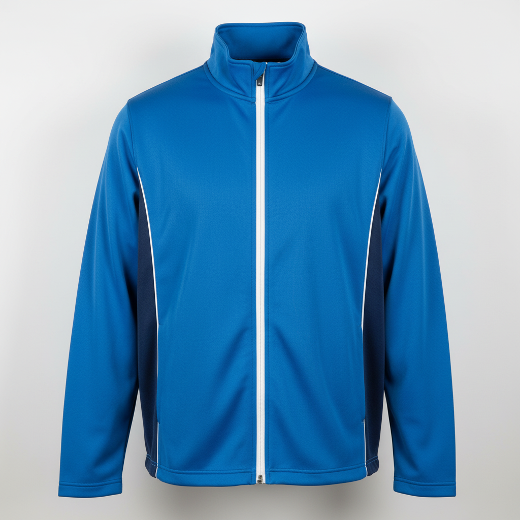 Front view of custom lacrosse warm-up jacket in 180 GSM brushed tricot with a full zip and sublimated panels from Empire Five Athletics