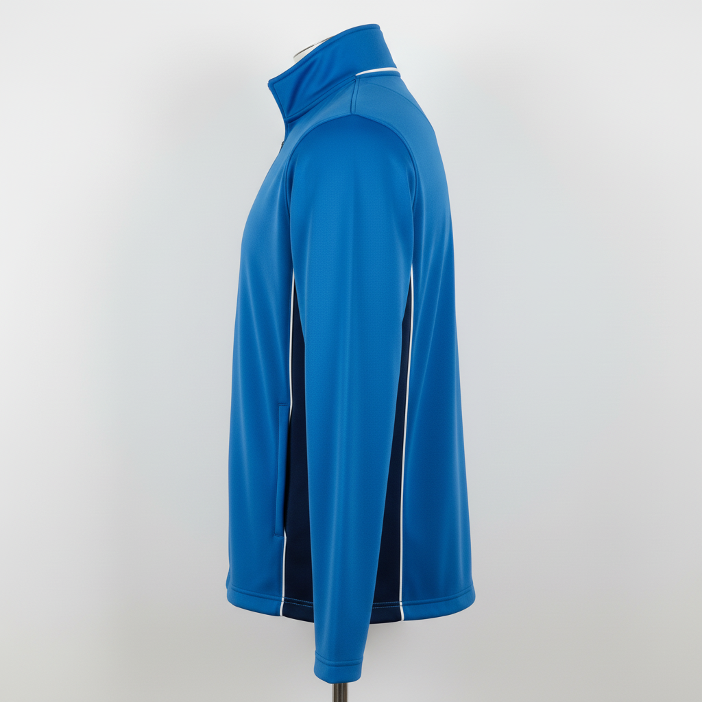 Side view of custom lacrosse warm-up jacket showing the zip pocket and sublimated sleeve stripe
