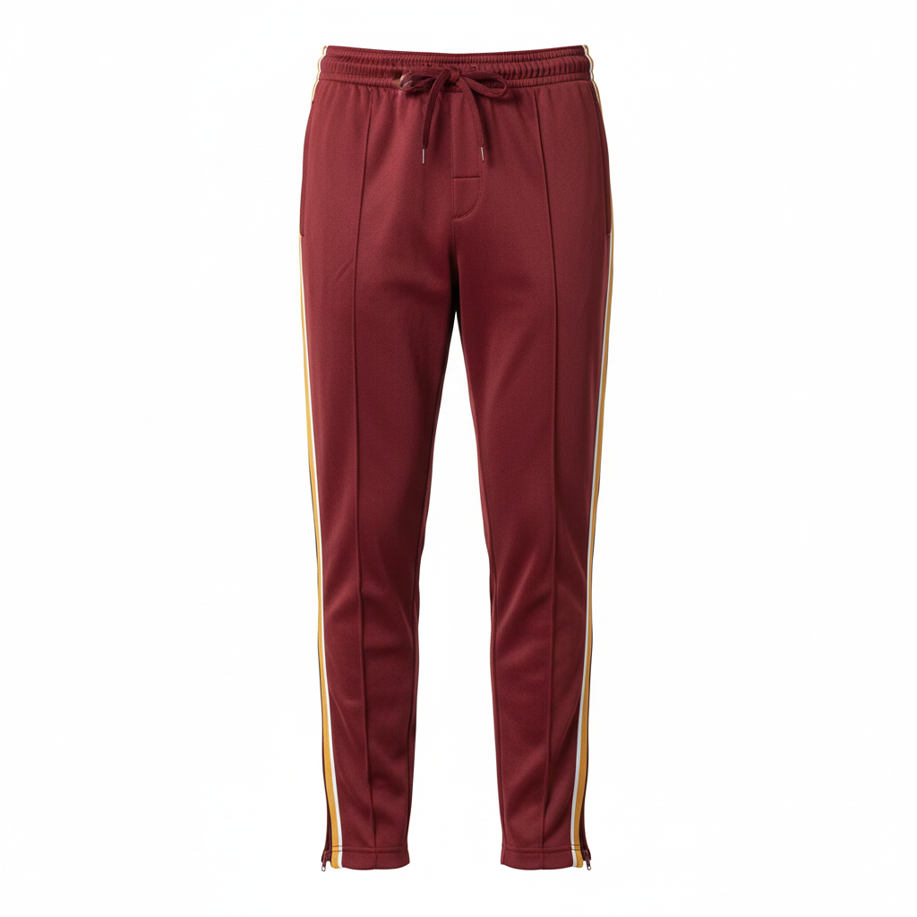 Front view of custom lacrosse warm-up pants in 180 GSM brushed tricot with a loose pull-on cut and sublimated side panels from Empire Five Athletics