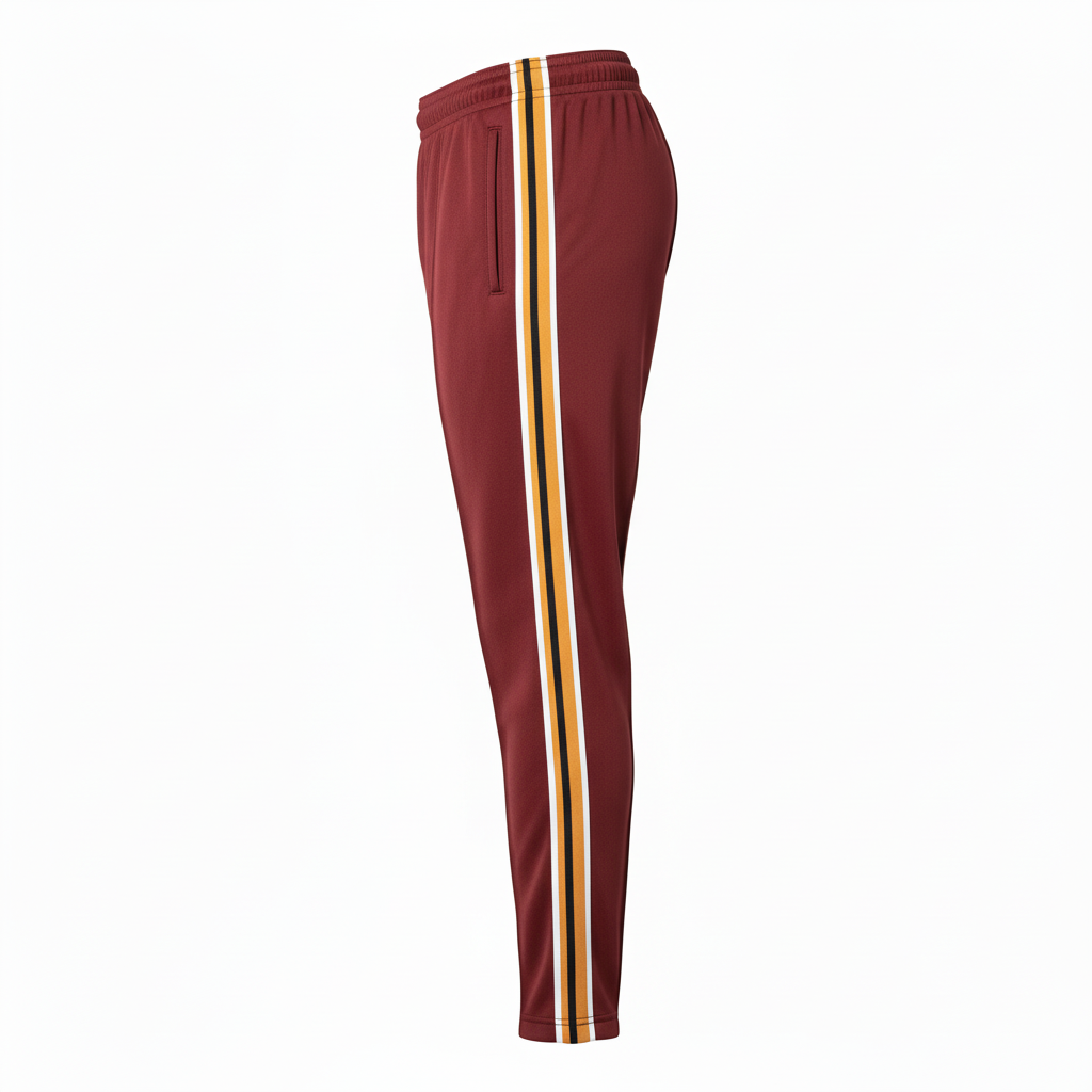 Side view of custom lacrosse warm-up pants showing the ankle zip and sublimated leg stripe