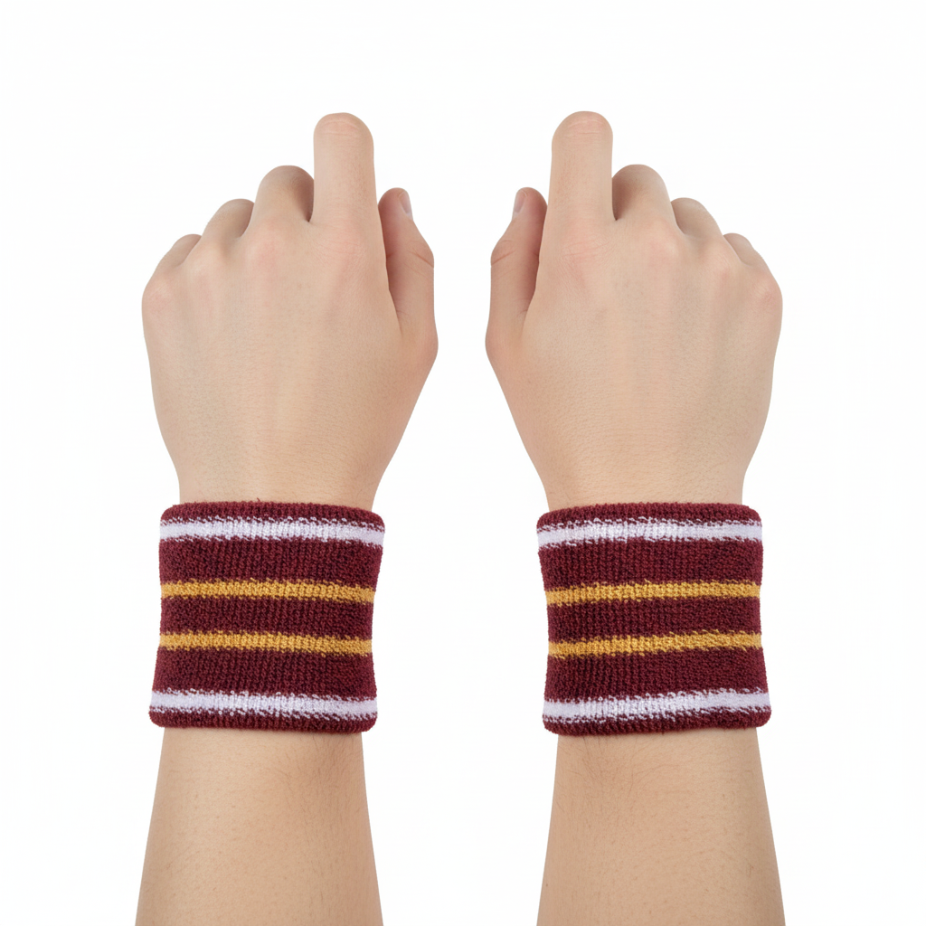 Front view of custom lacrosse wristbands in absorbent terry cloth with an embroidered team logo from Empire Five Athletics