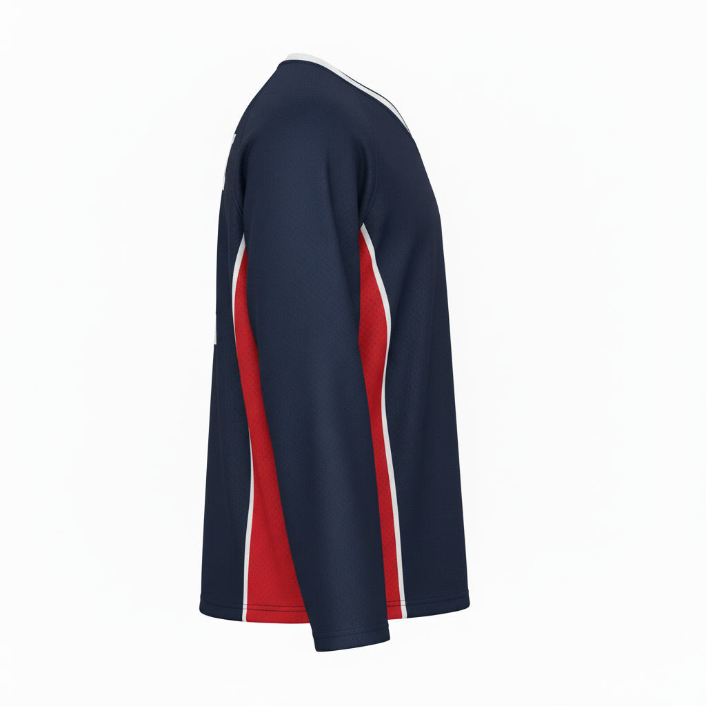 Side view of custom practice lacrosse jersey showing the reinforced shoulder seam and set-in sleeve