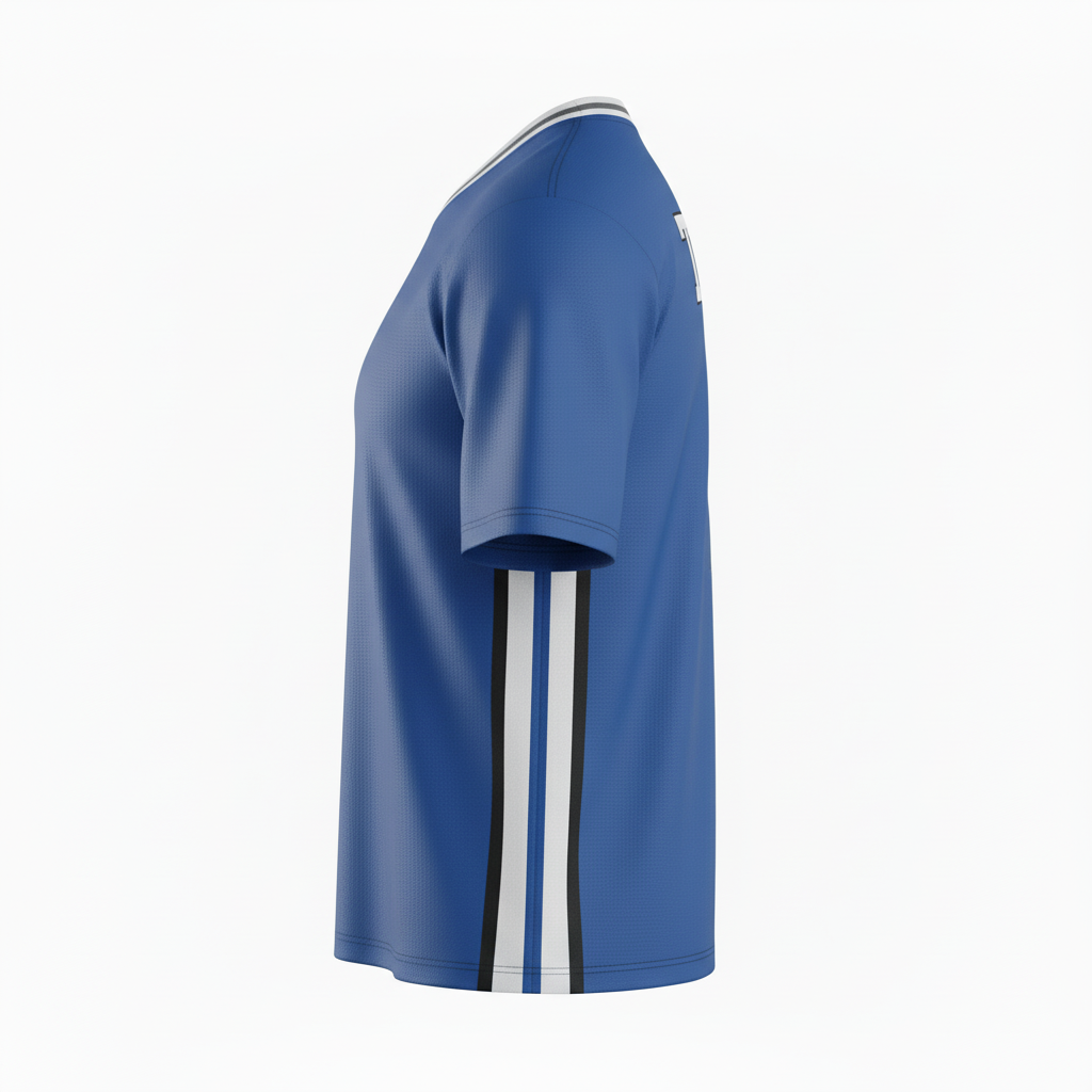 Side view of custom sleeveless lacrosse jersey showing the bound cut armhole and reinforced shoulder seam