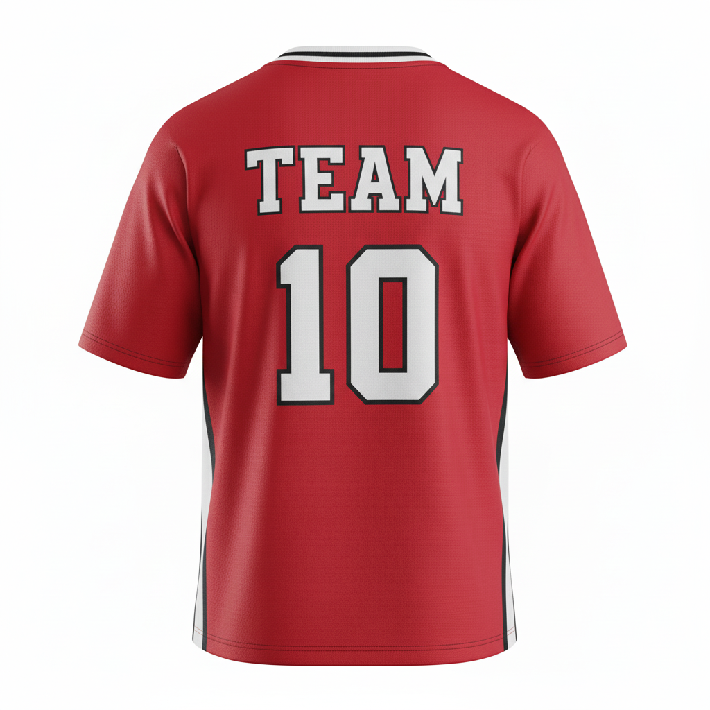 Back view of custom v-neck lacrosse jersey showing the player name arched above a large back number