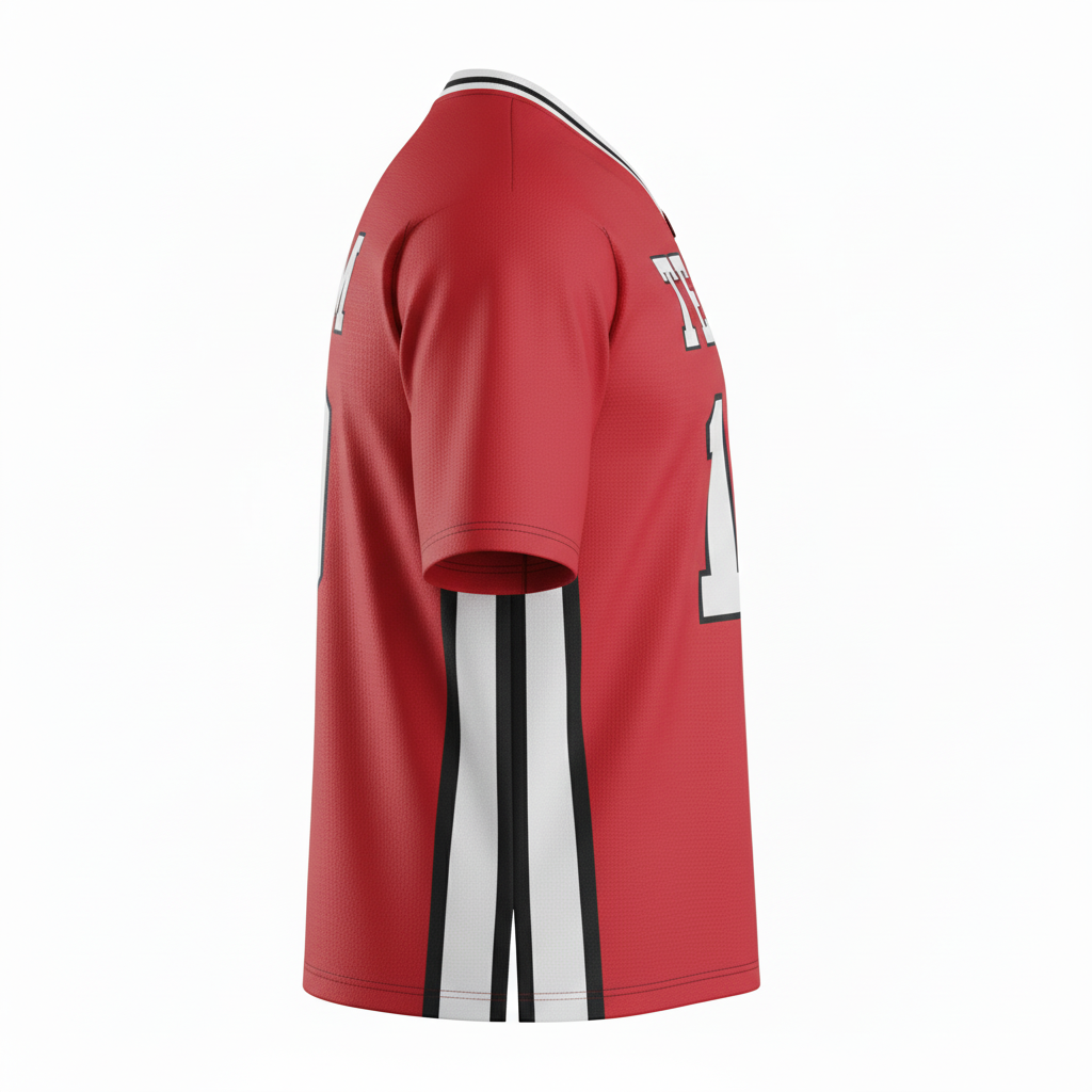 Side view of custom v-neck lacrosse jersey showing the set-in sleeve and reinforced shoulder seam