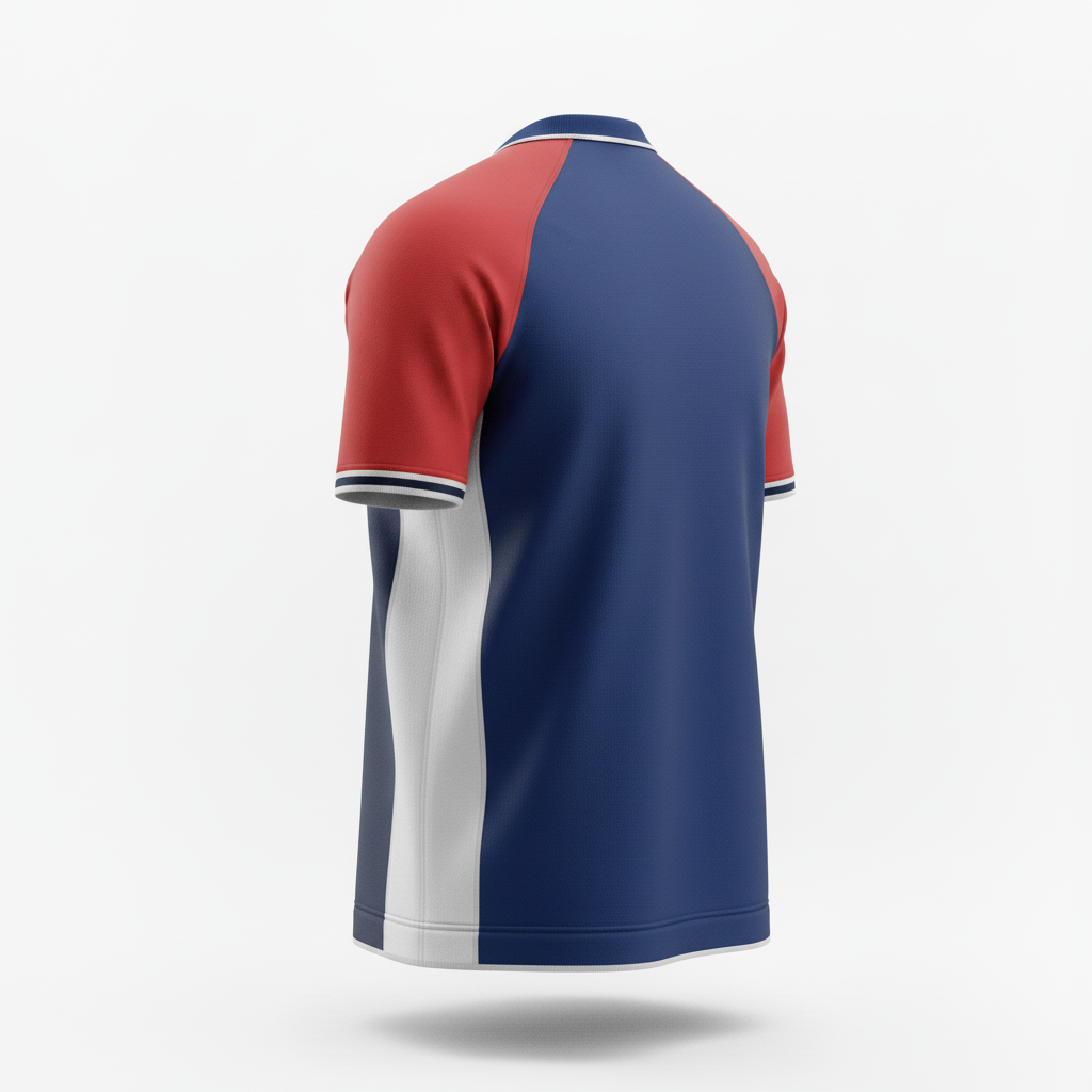 Side view of custom rugby coaches polo showing the side vent and sublimated panel
