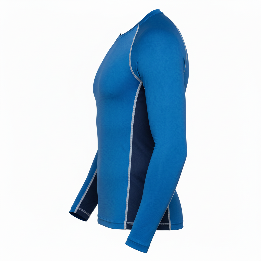 Side view of custom rugby compression shirt showing the tight base-layer fit and bonded seam