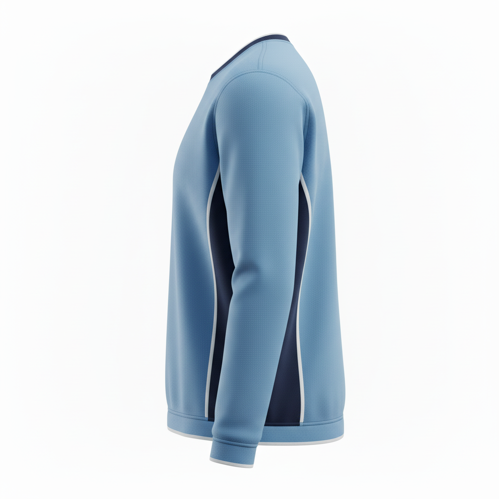 Side view of custom rugby fleece pullover showing the stand collar and quarter zip
