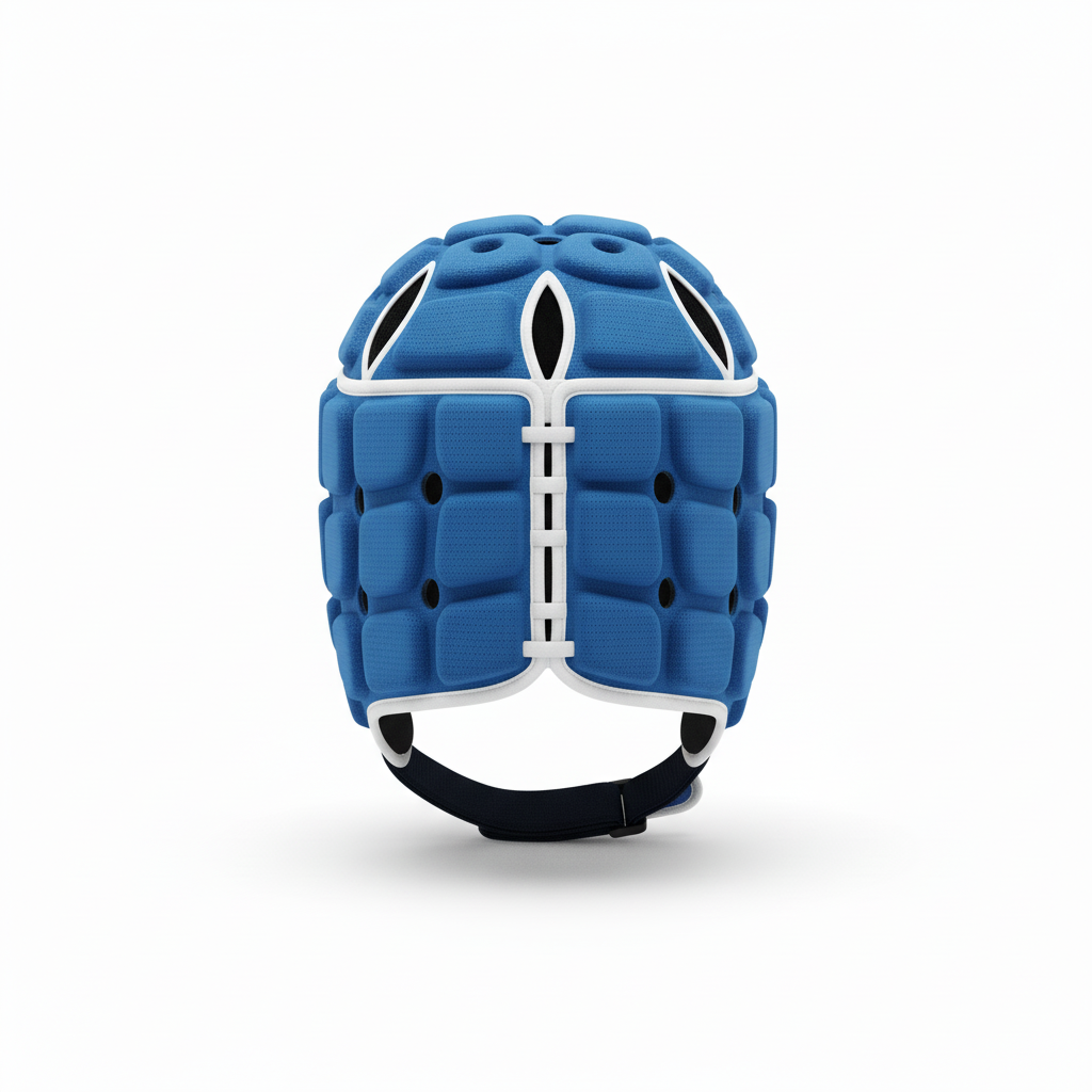 Back view of custom rugby headgear showing the chin strap and ear padding