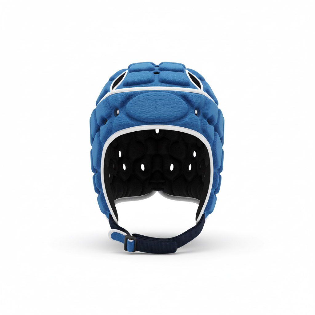 Front view of custom rugby headgear, a foam-padded scrum cap in a custom club colorway with a logo from Empire Five Athletics