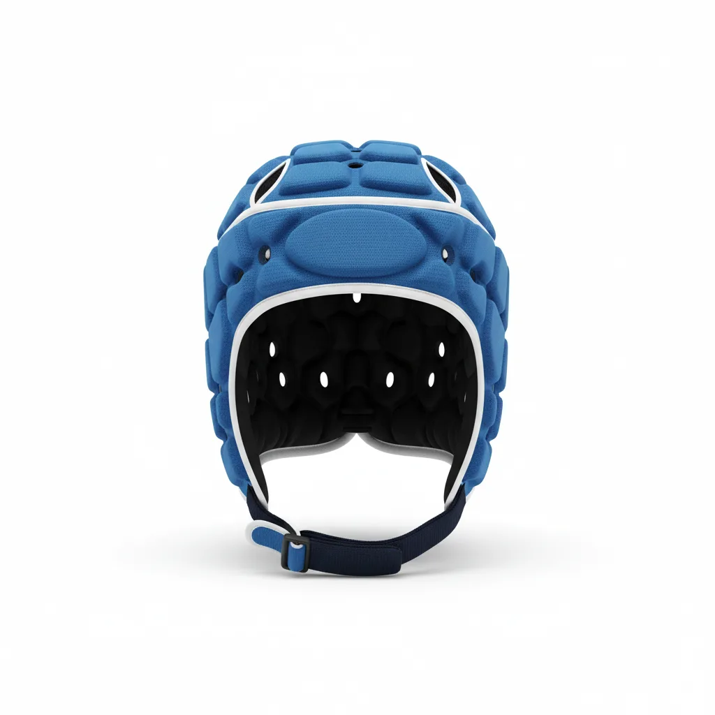 Front view of custom rugby headgear, a foam-padded scrum cap in a custom club colorway with a logo from Empire Five Athletics