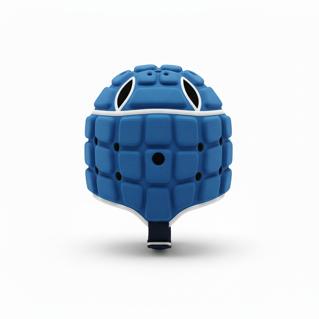 Side view of custom rugby headgear showing the foam shell and ventilation