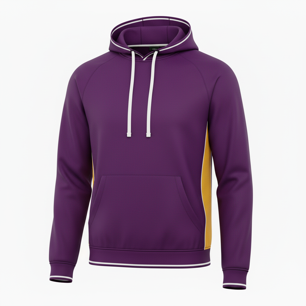 Front view of custom rugby hooded sweatshirt in 320 GSM cotton-poly fleece with a lined hood and embroidered club crest from Empire Five Athletics