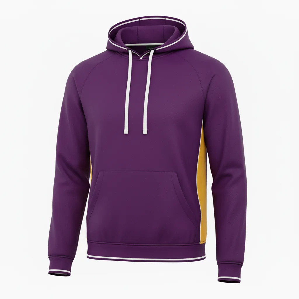 Front view of custom rugby hooded sweatshirt in 320 GSM cotton-poly fleece with a lined hood and embroidered club crest from Empire Five Athletics