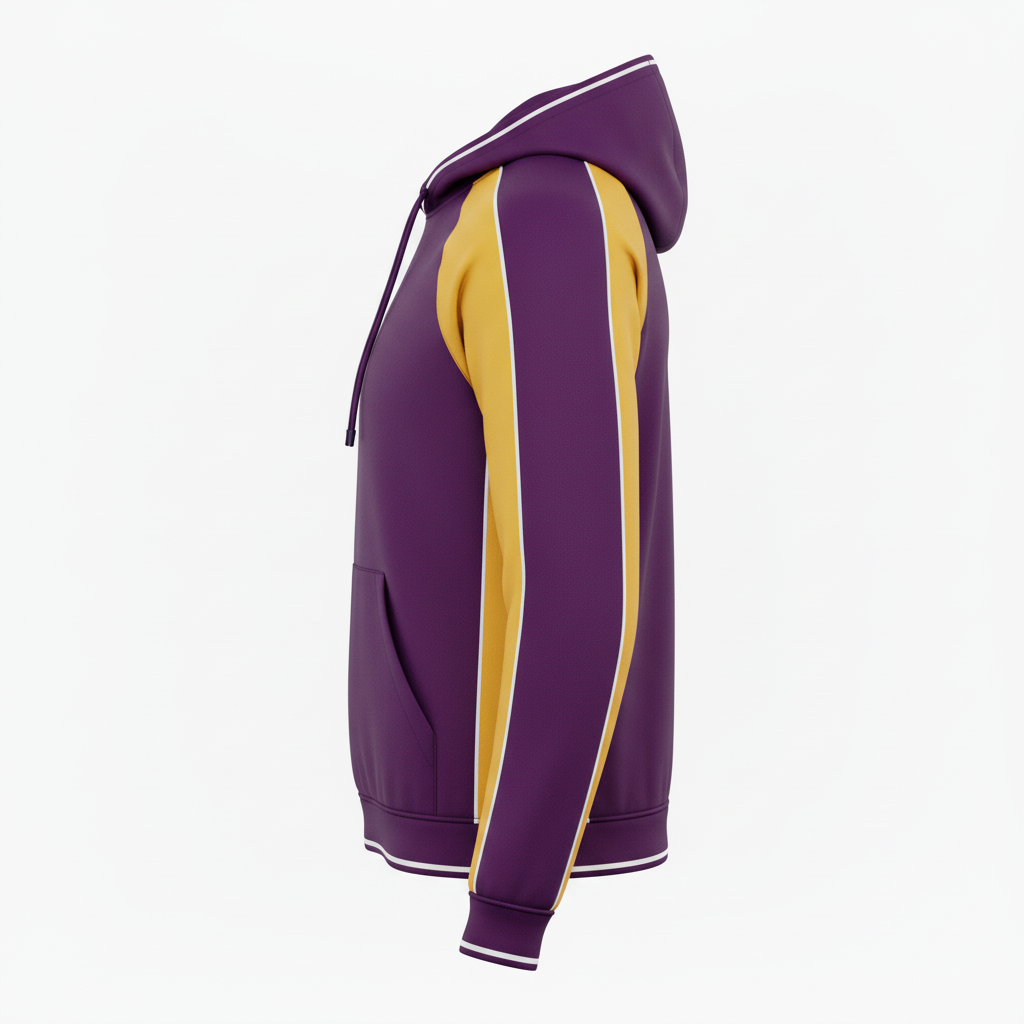 Side view of custom rugby hooded sweatshirt showing the kangaroo pocket and ribbed cuff