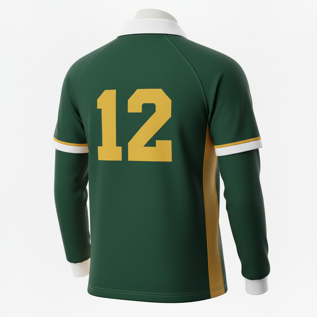 Back view of custom long sleeve rugby jersey showing the sublimated player number