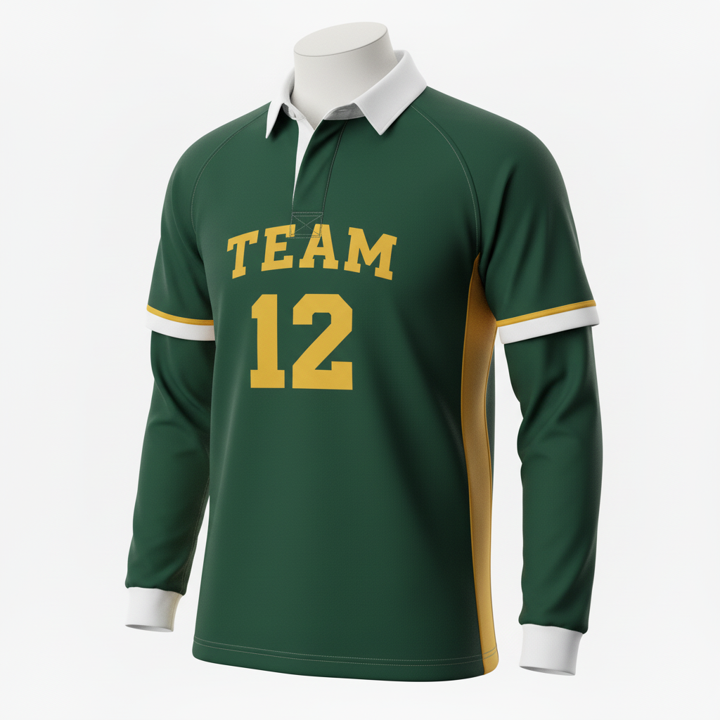 Front view of custom long sleeve rugby jersey in 200 GSM stretch poly with full sleeves and sublimated club colors from Empire Five Athletics