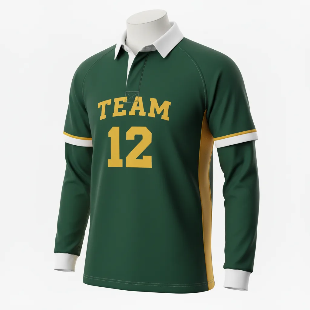 Front view of custom long sleeve rugby jersey in 200 GSM stretch poly with full sleeves and sublimated club colors from Empire Five Athletics