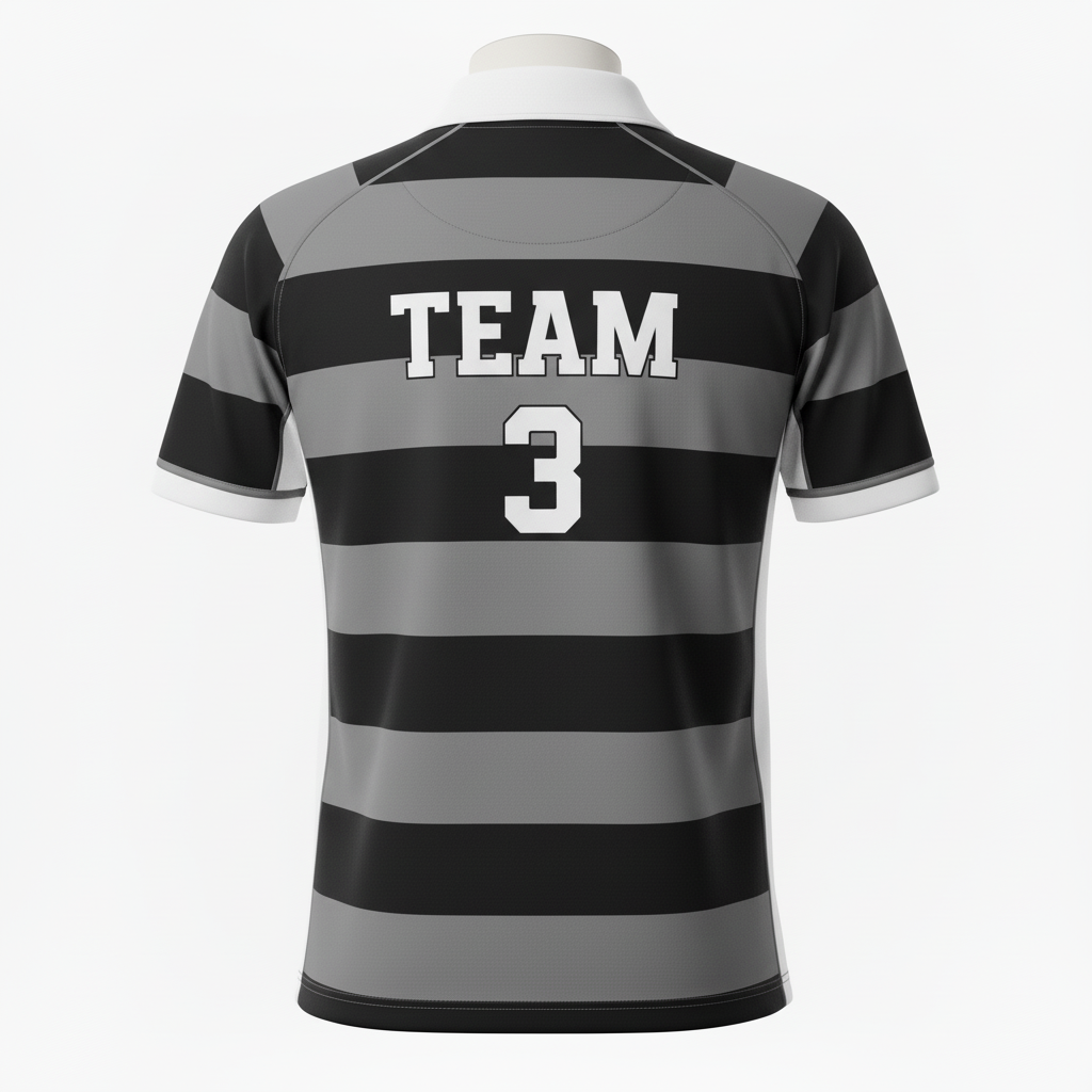 Back view of custom striped rugby jersey showing the player number over the hoops