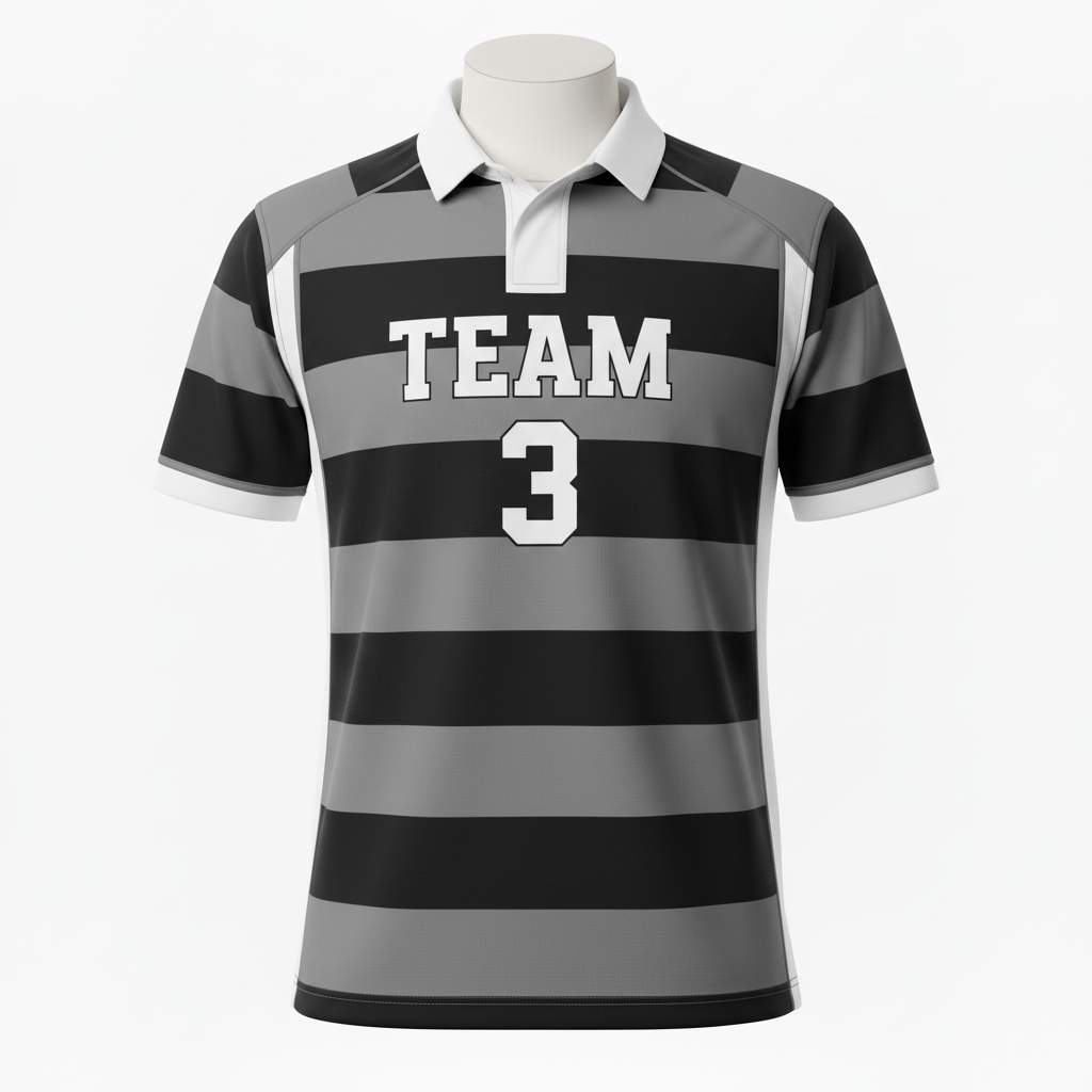 Front view of custom striped rugby jersey in 220 GSM poly-cotton with sublimated club hoops and a rugby collar from Empire Five Athletics
