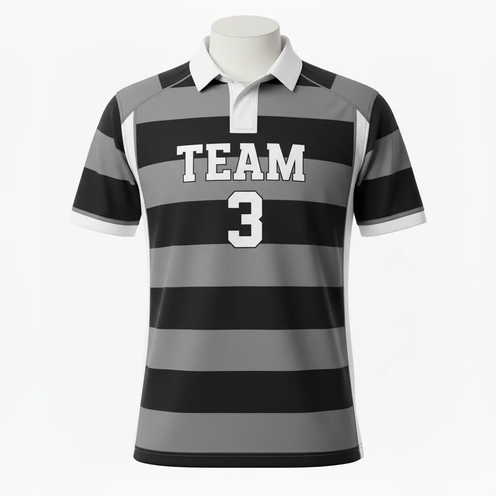 Front view of custom striped rugby jersey in 220 GSM poly-cotton with sublimated club hoops and a rugby collar from Empire Five Athletics
