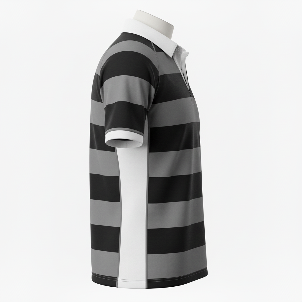 Side view of custom striped rugby jersey showing the hooped bands